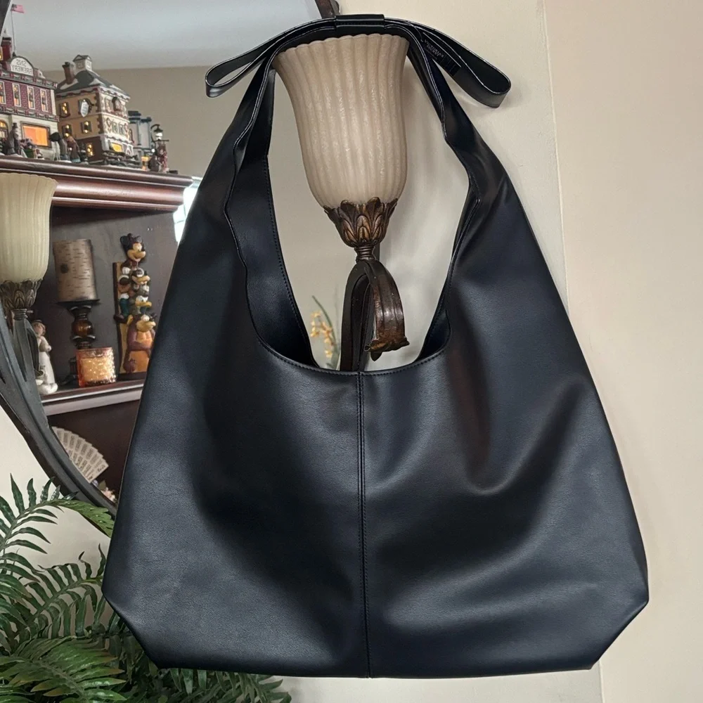 Brand New Victoria's Secret Black Faux Leather Hobo Slouchy Shoulder Bag Bow
